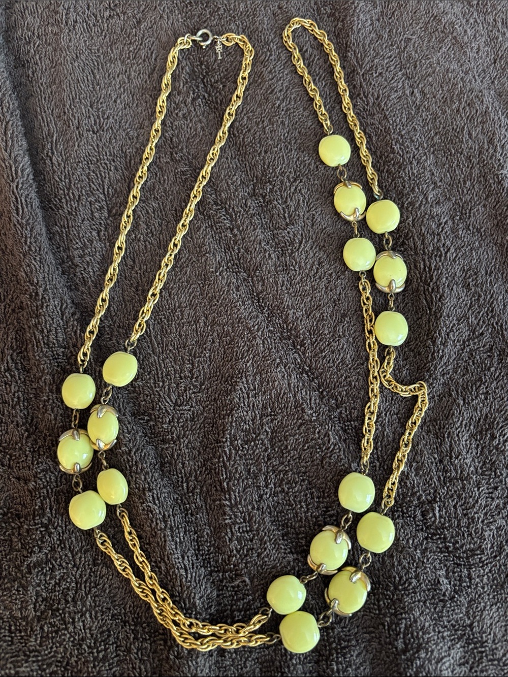 Vintage 1960’s CrownTrifari green faux jade Beaded Long Gold-Tone Chain Necklace
